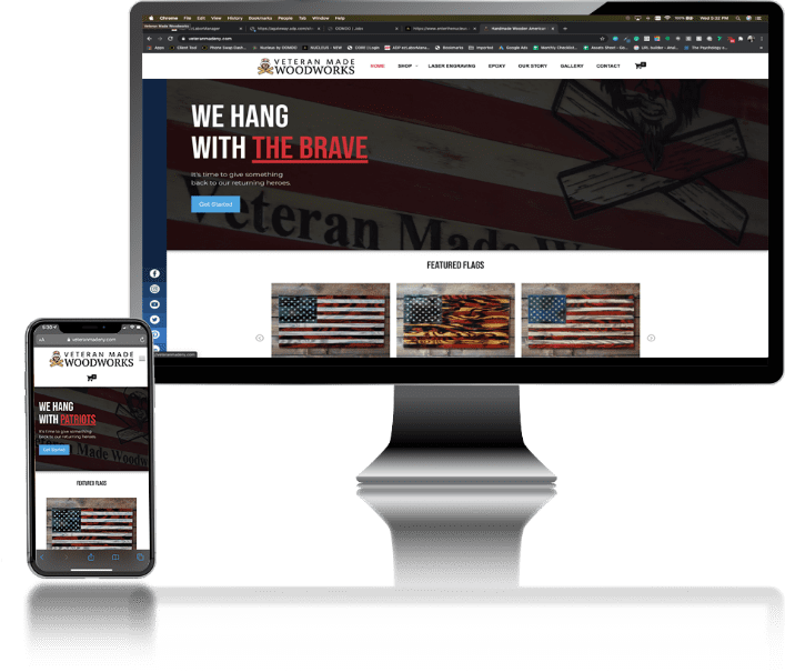 desktop and mobile image of veteran made woodworks